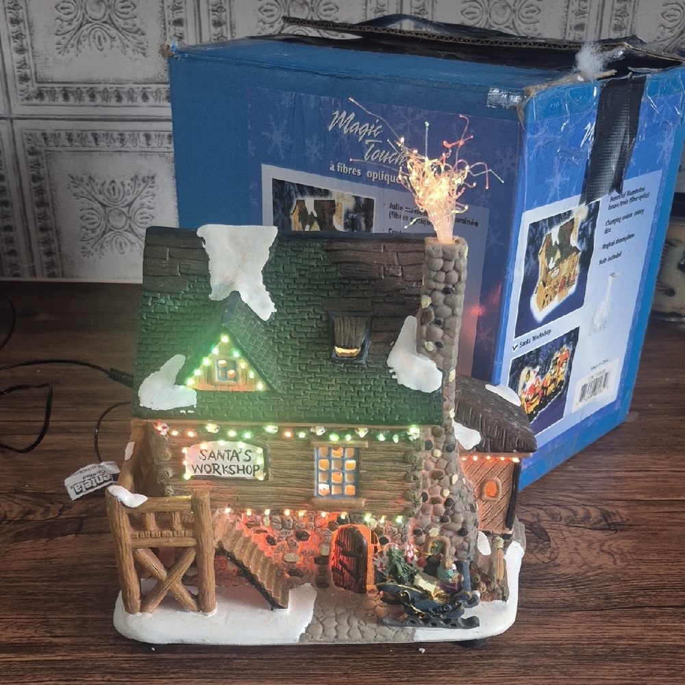 Vintage Magic Touch Fibre Optic Santas Workshop For Christmas Village